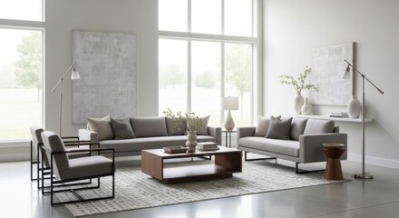 Modern Minimalist Living Room with Neutral Colors and Large Windows