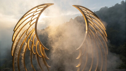 Golden arcs in mist forming abstract wings, sacred sculpture, ethereal sunrise, mystical atmosphere, tranquil mountain landscape