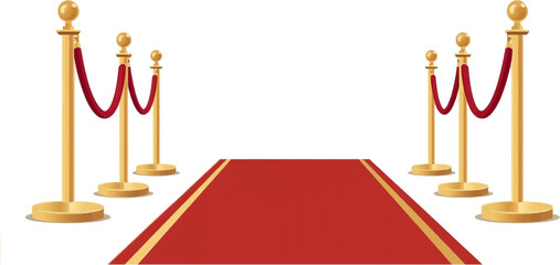 A red carpet with gold stanchions and velvet ropes creates an elegant pathway for an exclusive event or grand entrance, isolated on a white background.