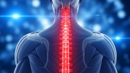 Human anatomy back view with spine highlighted in red against blue background