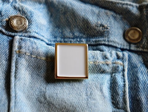 Blank square enamel pin mockup attached to blue denim jacket pocket