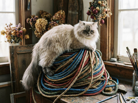 Chat persan blanc fluffy assis sur un amas de cordes &eacute;paisses color&eacute;es pr&egrave;s d'une fen&ecirc;tre rustique avec fleurs s&eacute;ch&eacute;es

