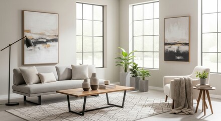 Modern Bright Living Room with Light Gray Sofa and Large Windows