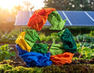 Colorful clothing forms a recycling symbol in front of solar panels