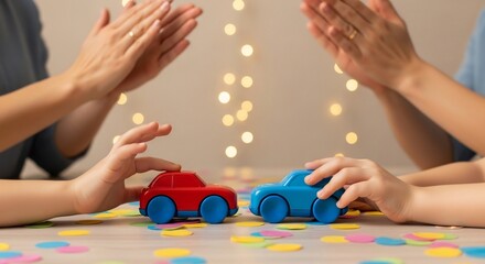 Enthusiastic Crowd Cheers On Toy Car Race with Confetti.