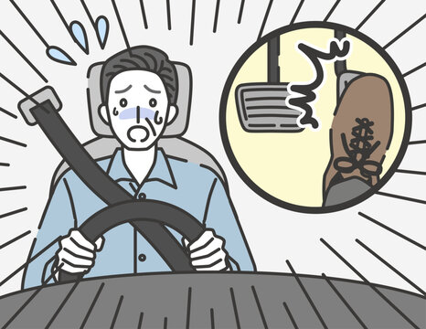 アクセルとブレーキを踏み間違えて焦る高齢男性