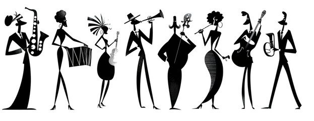Jazz Band Musicians Silhouette Illustration - Black and White