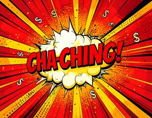 Comic book style "CHA-CHING!" explosion, dollar signs, and red rays