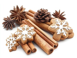 Fototapeta premium High-resolution close-up of cinnamon sticks and snowflake gingerbread cookies on white background, cozy and photorealistic still life for holiday promotion, food blog, packaging, or winter-themed 