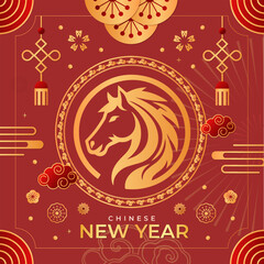 Graphic collection of gold scandinavian horse chinese new year imlek with seamless pattern