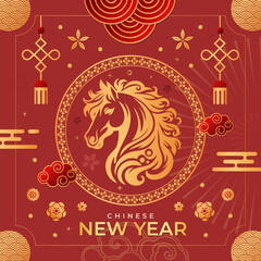 Graphic collection of gold scandinavian horse chinese new year imlek with seamless pattern