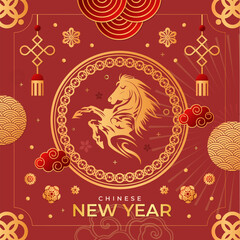 Graphic collection of gold scandinavian horse chinese new year imlek with seamless pattern