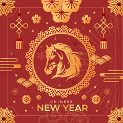 Graphic collection of gold scandinavian horse chinese new year imlek with seamless pattern