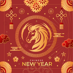 Graphic collection of gold scandinavian horse chinese new year imlek with seamless pattern