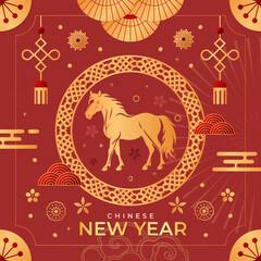 Graphic collection of gold scandinavian horse chinese new year imlek with seamless pattern