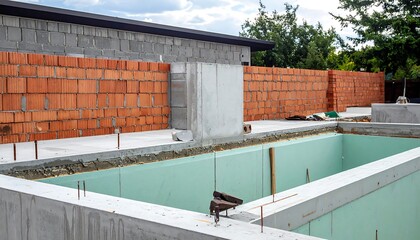 Construction site, building's foundations and brick walls on a sunny day