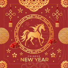 Graphic collection of gold scandinavian horse chinese new year imlek with seamless pattern