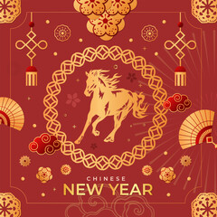 Graphic collection of gold scandinavian horse chinese new year imlek with seamless pattern