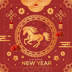 Graphic collection of gold scandinavian horse chinese new year imlek with seamless pattern