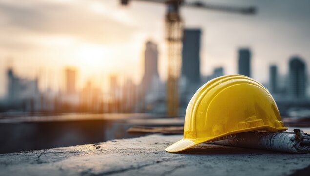 Vibrant yellow hard hat on a construction site at sunset - Powered by Adobe