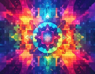Symmetrical, geometric abstract art. Vibrant, mosaic-like, kaleidoscopic