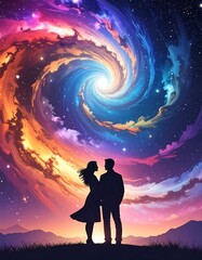Couple silhouette gazing at a swirling, colorful cosmic nebula