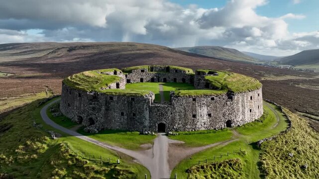 Aerial view of dun carloway broch, a historic iron age stone tower on a grassy hill in the scottish highlands vector illustration
