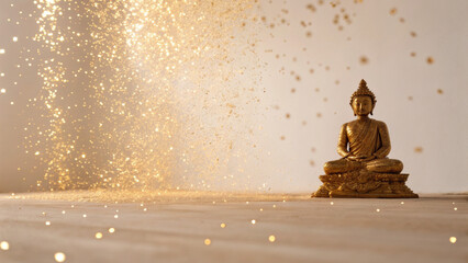 Luxury golden Buddha statue radiates spiritual energy with sparkling christmas light effect in serene minimalist interior
