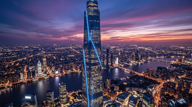 Aerial view of a modern illuminated skyscraper overlooking a sprawling city skyline at twilight vector illustration