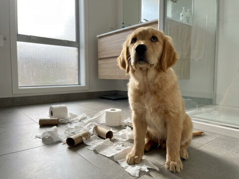 Chiot golden retriever assis l'air coupable devant rouleaux papier toilette d&eacute;vid&eacute;s salle de bain

