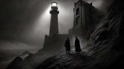 Two people stand near a lighthouse on a rocky coastline at night. The scene is dark and atmospheric, with a beam of light shining from the lighthouse.