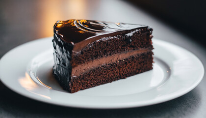 Decadent Slice of Chocolate Cake with Rich Ganache on a White Plate.