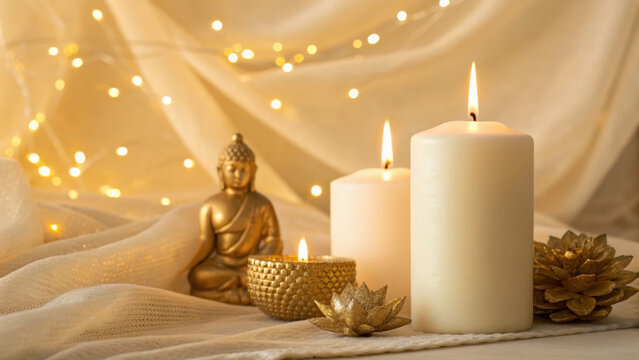 Luxury spiritual christmas light scene with glowing candles golden buddha statue and lotus decor creating peaceful festive atmosphere - Powered by Adobe