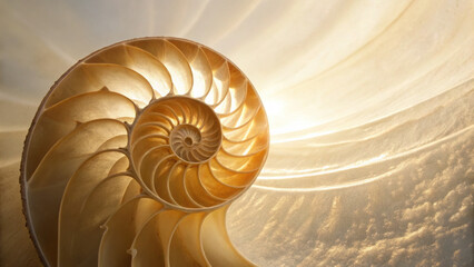 Obraz premium Luxury spiral nautilus shell glows with spiritual energy and christmas light, creating serene and elegant natural pattern