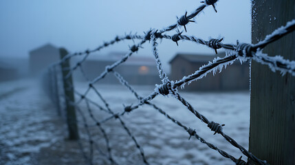 A frosty winter scene captures a barbed wire fence dusted with snow, bordering a field on a hazy, cold day. Buildings are subtly visible in the background.
