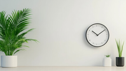 Modern white wall clock with black frame and minimalist design, surrounded by green indoor plants
