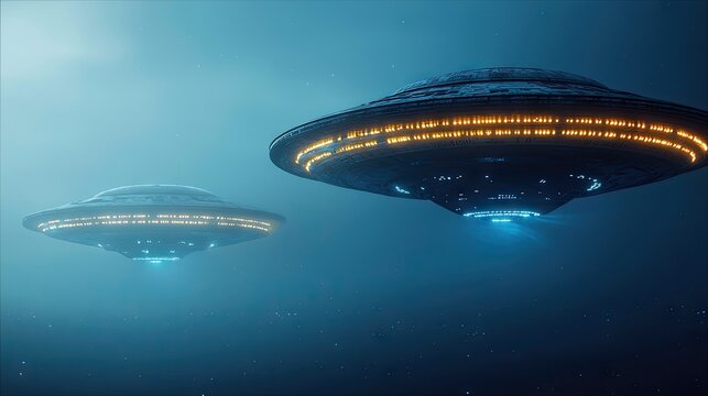 Two UFOs with glowing lights flying in a dark space, creating a futuristic and mysterious atmosphere.