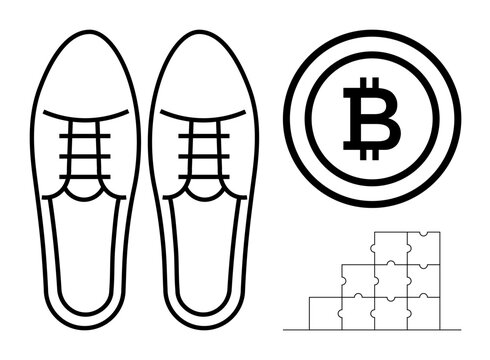 Bitcoin symbol. Bitcoin crypto logo with outline of shoes and puzzle pieces, finance, blockchain, and problem-solving. Bitcoin concepts for digital economy, innovation, fintech, business ideas