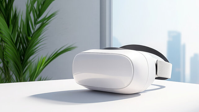 White wearable VR controller mockup on table in bright modern room with city view