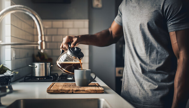 Fit man pouring hot coffee from a glass pot into a mug in a modern kitchen with morning sunlight.
