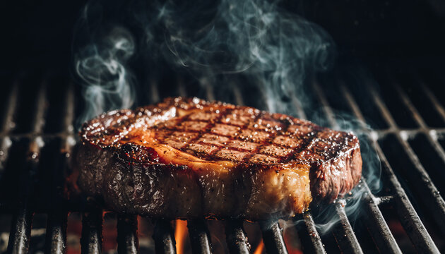 Juicy Ribeye Steak Sizzling on a Grill with Smoke.