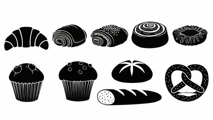Assortment of baked goods and pastries in silhouette style.