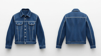 Denim jacket front and back, blue casual outerwear, classic style, unisex, isolated background