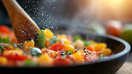 Close-up of a wooden spoon seasoning colorful vegetables in a pan with steam rising, illuminated by warm light.