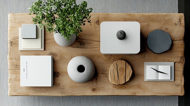 Top-down view of a wooden table with various objects arranged on it, including a plant, a white square, and decorative stones, all in neutral tones.
