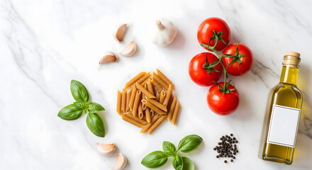 Whole Wheat Penne and Italian Ingredients Flat Lay
