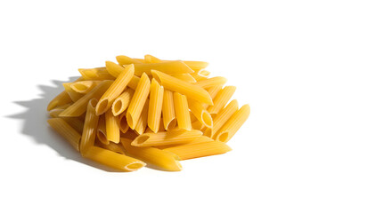 Pile of Dry Penne Pasta on White Background