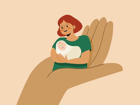 Mother holding newborn baby safe on large hand