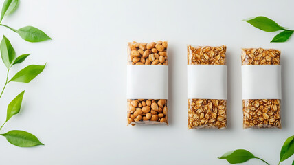 Snack bar mockup with blank label, nut and oat bar, healthy food, eco friendly packaging