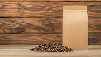 Coffee bag, brown packaging, coffee bean, wooden background, gourmet, mockup, elegant